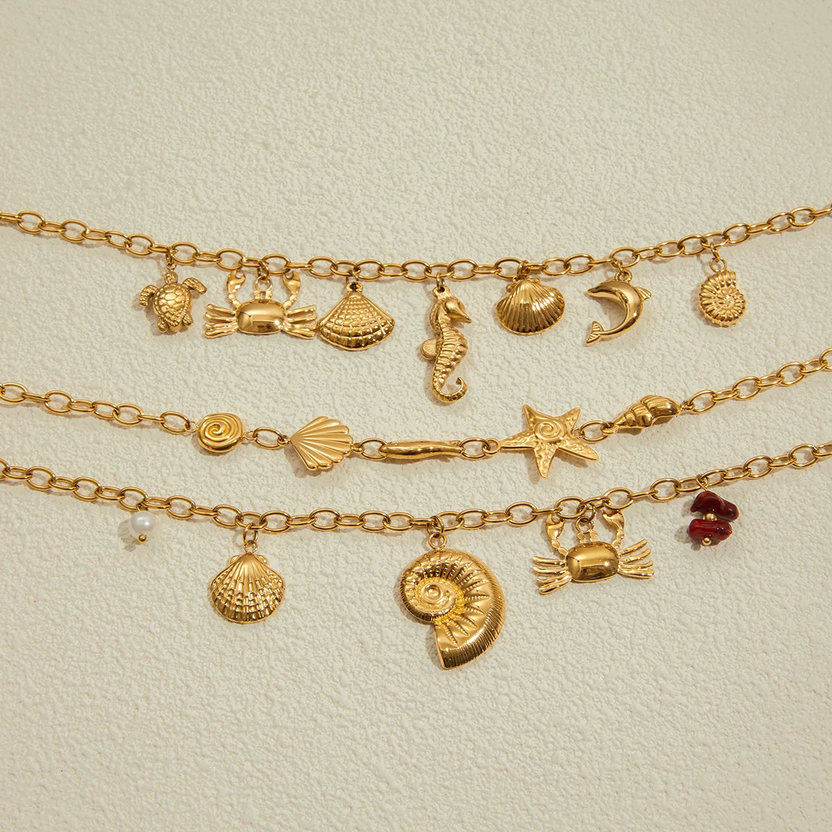 Zora Bohemian Style Multi-pendant Marine Element Shell Necklace 18K Gold-plated Stainless Steel Trend Jewelry