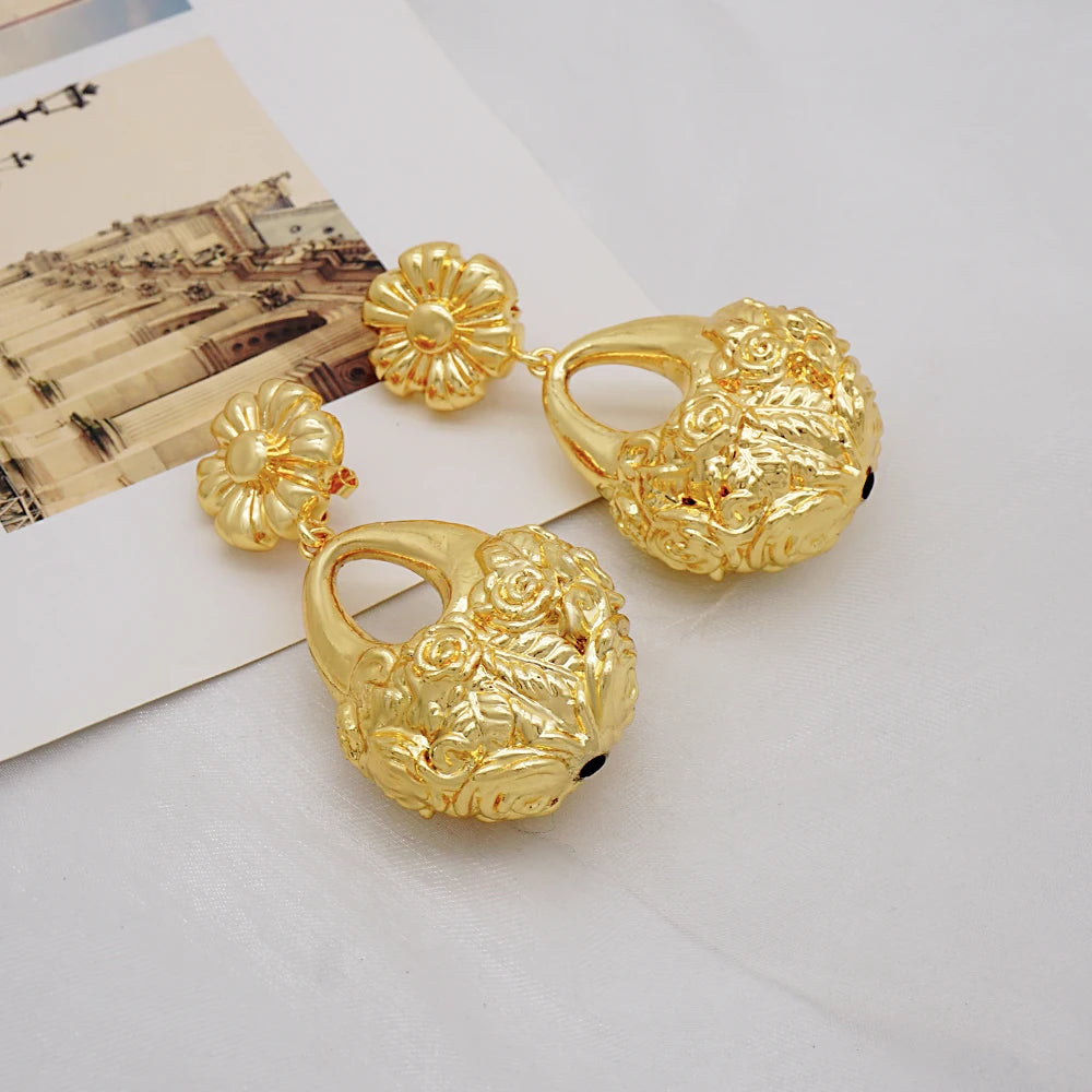 Gold Color Earring Bohemia Flower Round Drop Copper Hoop Earrings Circle