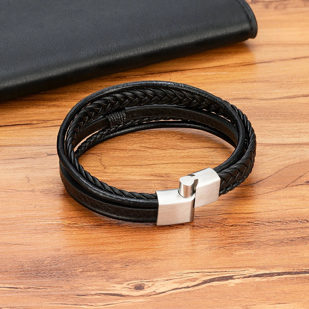 Leather Bracelet Multilayer Men's Bangles Stainless Steel Magnetic