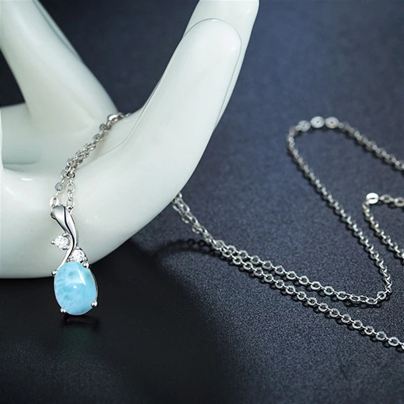 Natural Larimar Stone 925 Sterling Silver Necklaces Crystal Jewelry