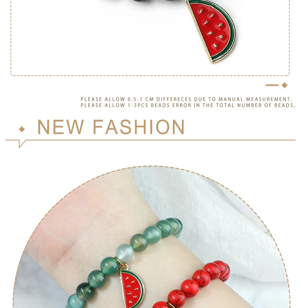 Natural Striped Agate Stone Bracelets 8mm Energy Healing Beads Bracelet with Watermelon Pendant Charm Jewelry Gift for Women Men