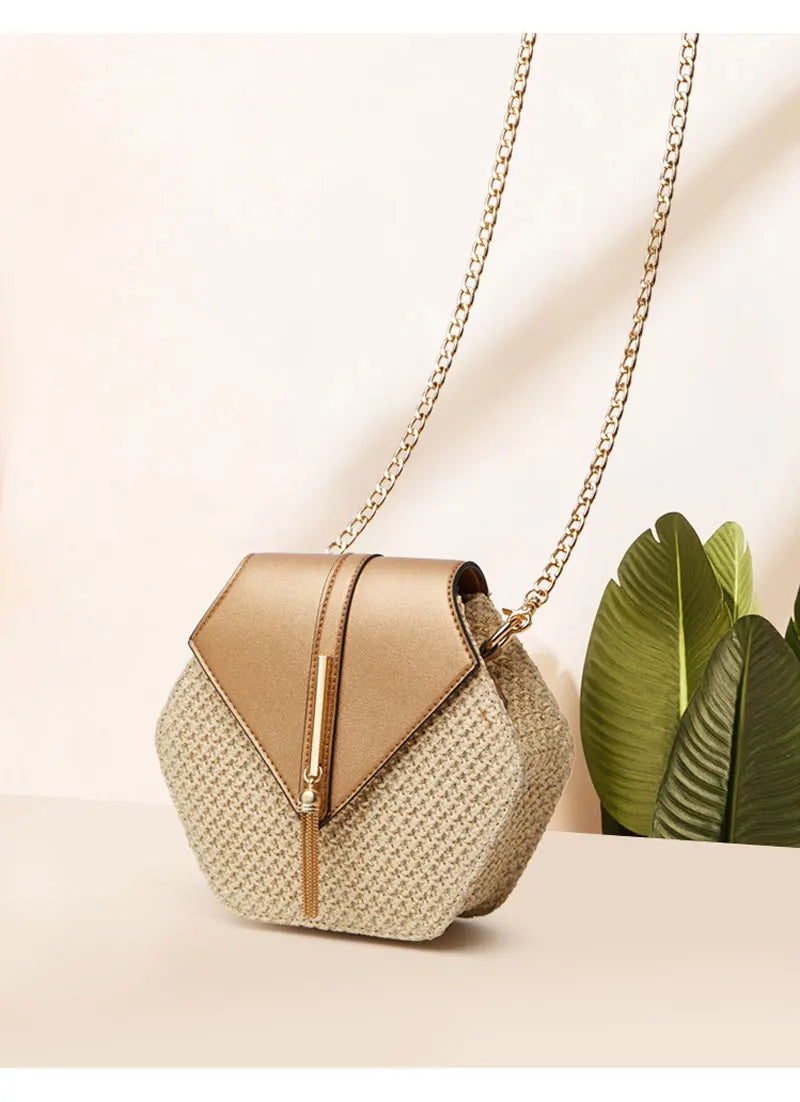 Hexagon Shape Straw PU Leather Handbag Women Summer Rattan Bag Handmade Woven Beach