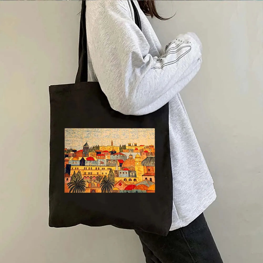 Arabic Keffiyeh Gifts Jerusalem Landmarks Map Men Women Canvas Shoulder Tote Bag Reusable Shopper Cute Shopping Storage Handbags