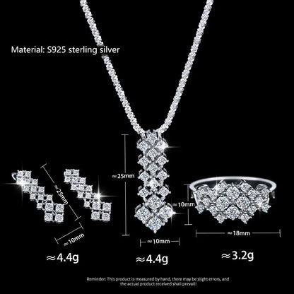 Luminous Harmony Moissanite 3-Piece Jewelry Set – 925 Silver Necklace, Ring &amp; Rhombus Earrings