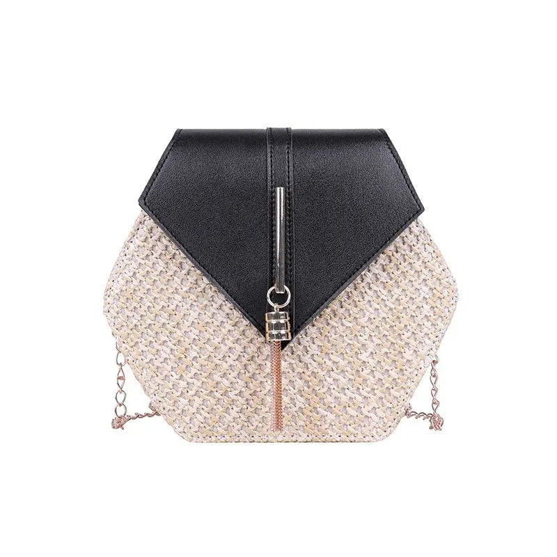Hexagon Shape Straw PU Leather Handbag Women Summer Rattan Bag Handmade Woven Beach