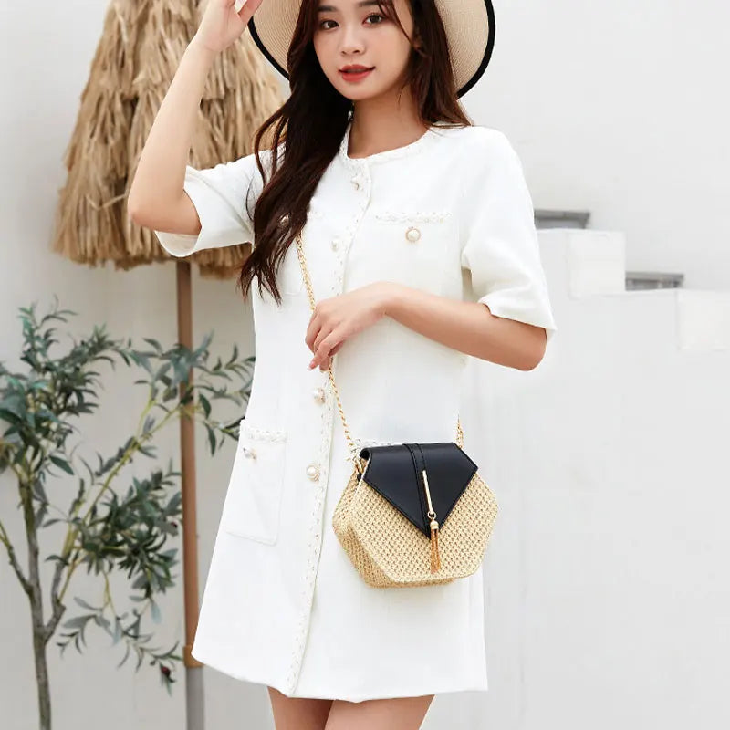 Hexagon Shape Straw PU Leather Handbag Women Summer Rattan Bag Handmade Woven Beach