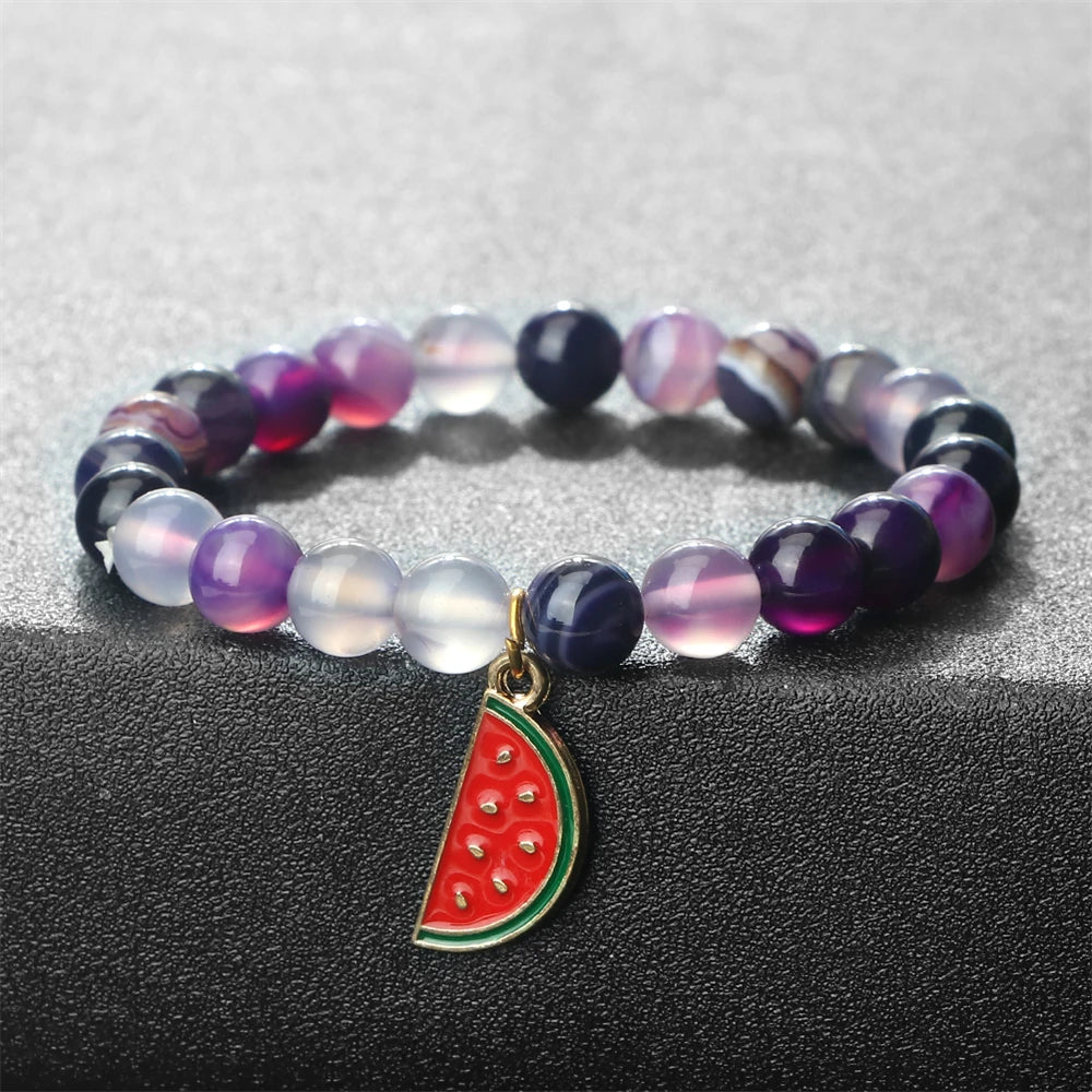 Natural Striped Agate Stone Bracelets 8mm Energy Healing Beads Bracelet with Watermelon Pendant Charm Jewelry Gift for Women Men