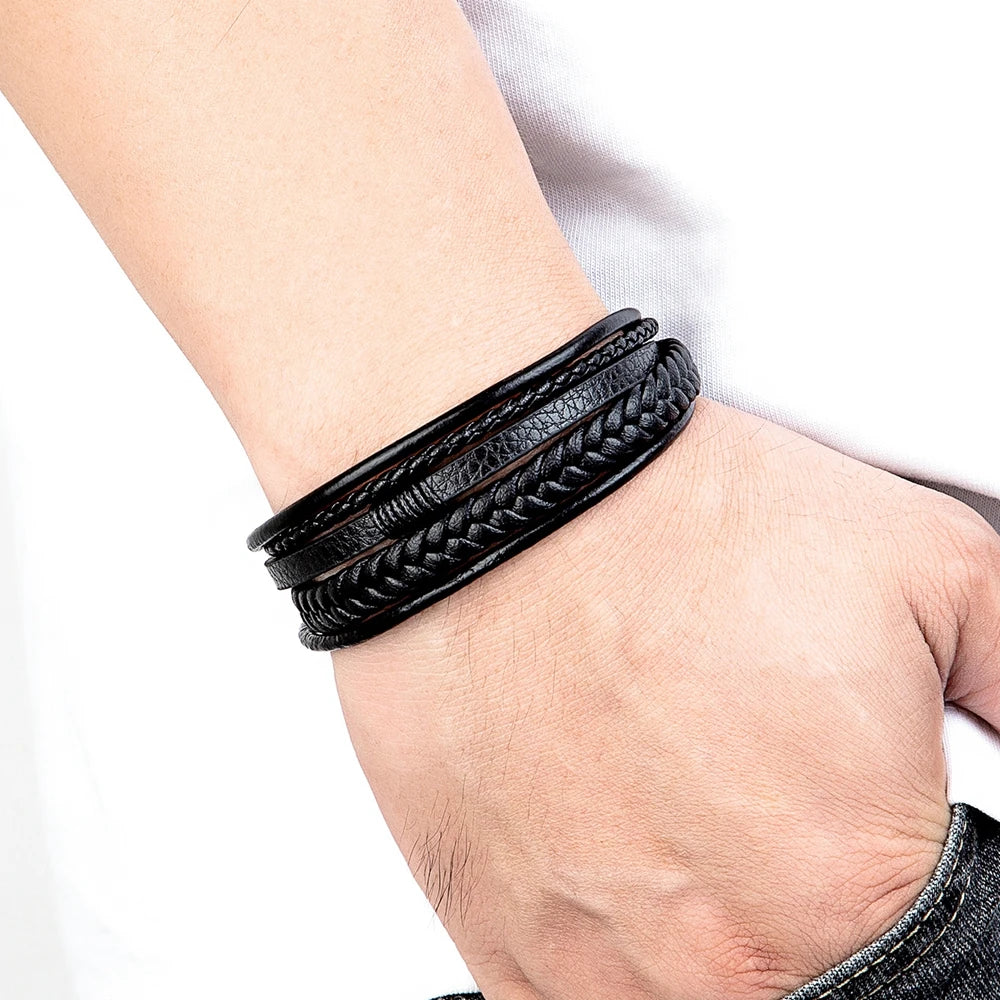 Leather Bracelet Multilayer Men's Bangles Stainless Steel Magnetic