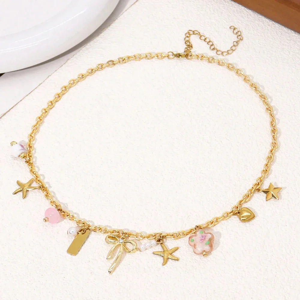 Creative Stainless Steel Starfish Flower Pendant Golden Color Necklace Ladies