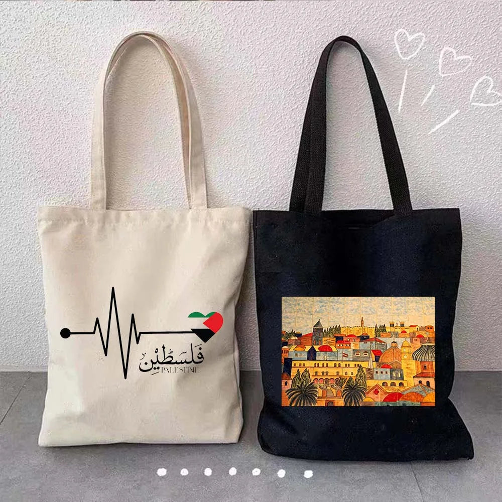 Arabic Keffiyeh Gifts Jerusalem Landmarks Map Men Women Canvas Shoulder Tote Bag Reusable Shopper Cute Shopping Storage Handbags
