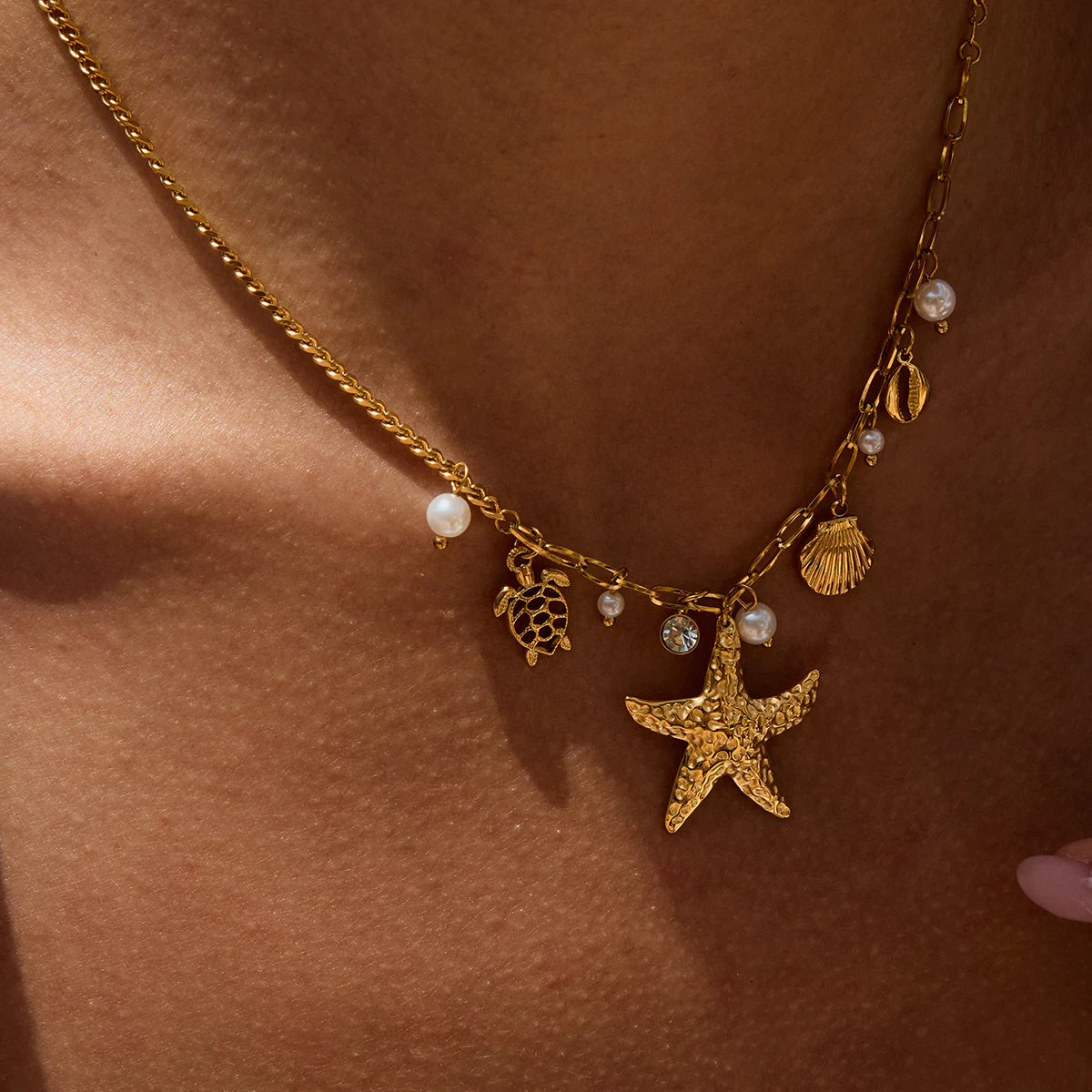 Zora Bohemian Style Multi-pendant Marine Element Shell Necklace 18K Gold-plated Stainless Steel Trend Jewelry