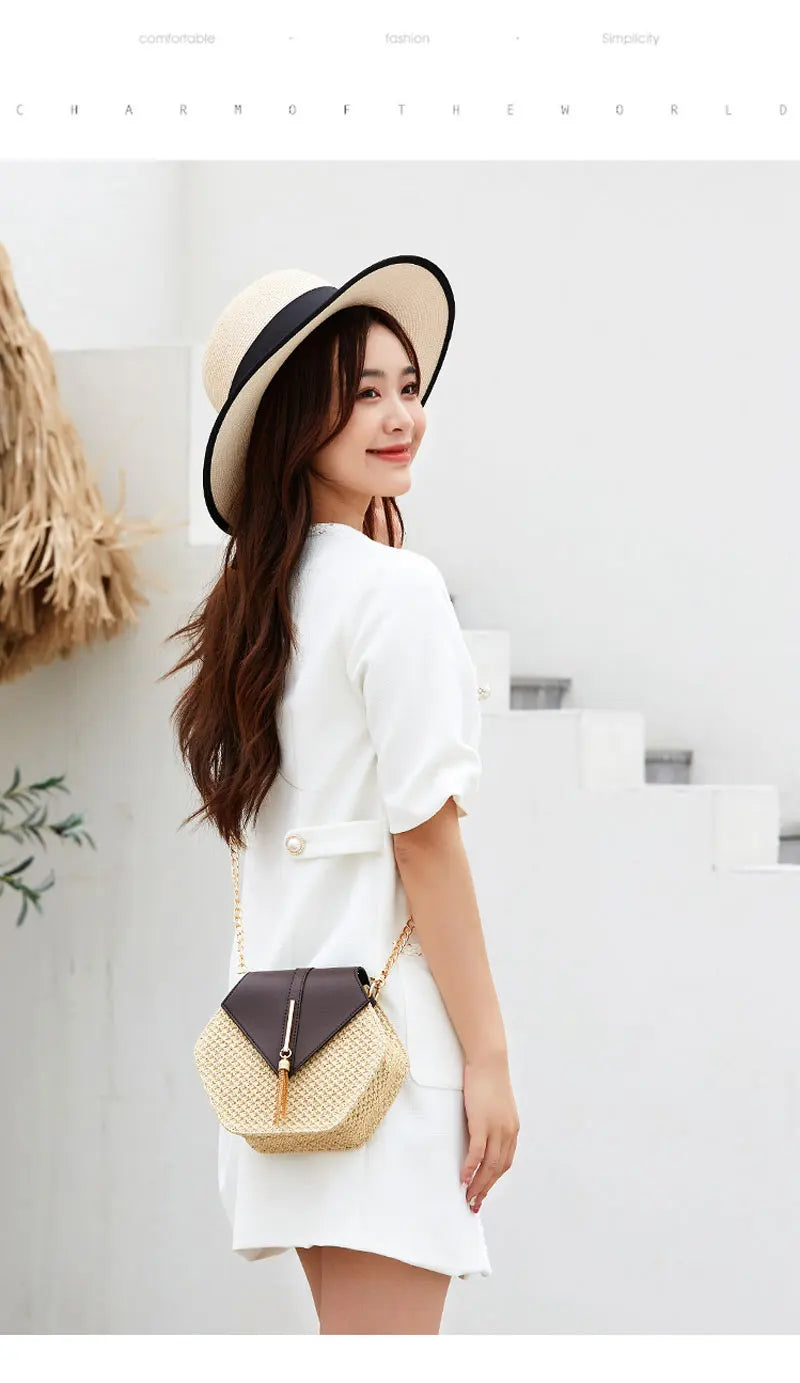 Hexagon Shape Straw PU Leather Handbag Women Summer Rattan Bag Handmade Woven Beach