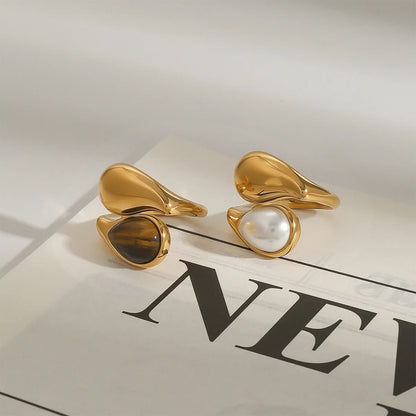 Pearl Natural Tiger Stone Finger Ring 18K Gold Color Plated