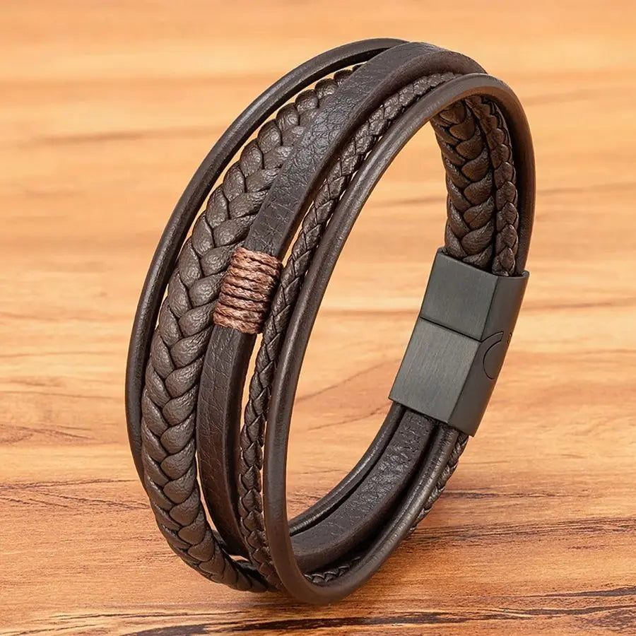 Leather Bracelet Multilayer Men's Bangles Stainless Steel Magnetic