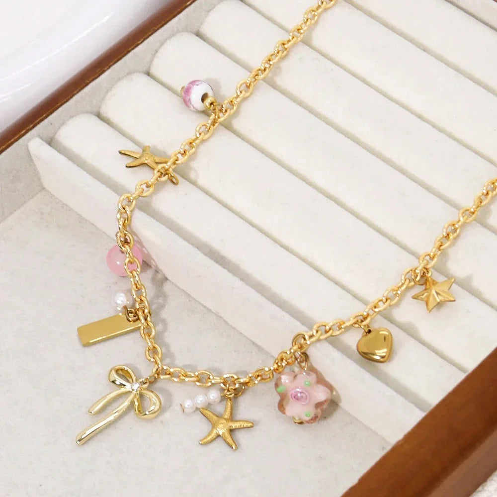 Creative Stainless Steel Starfish Flower Pendant Golden Color Necklace Ladies