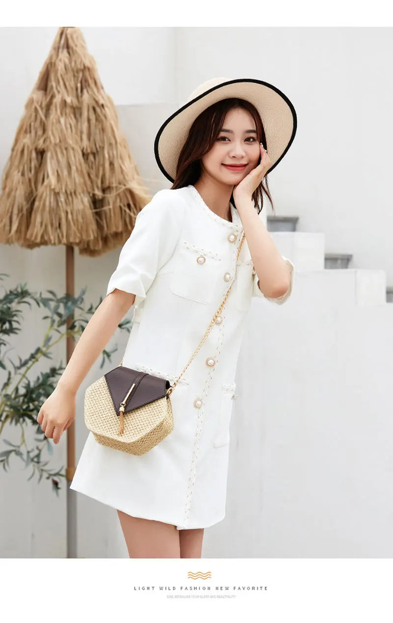 Hexagon Shape Straw PU Leather Handbag Women Summer Rattan Bag Handmade Woven Beach