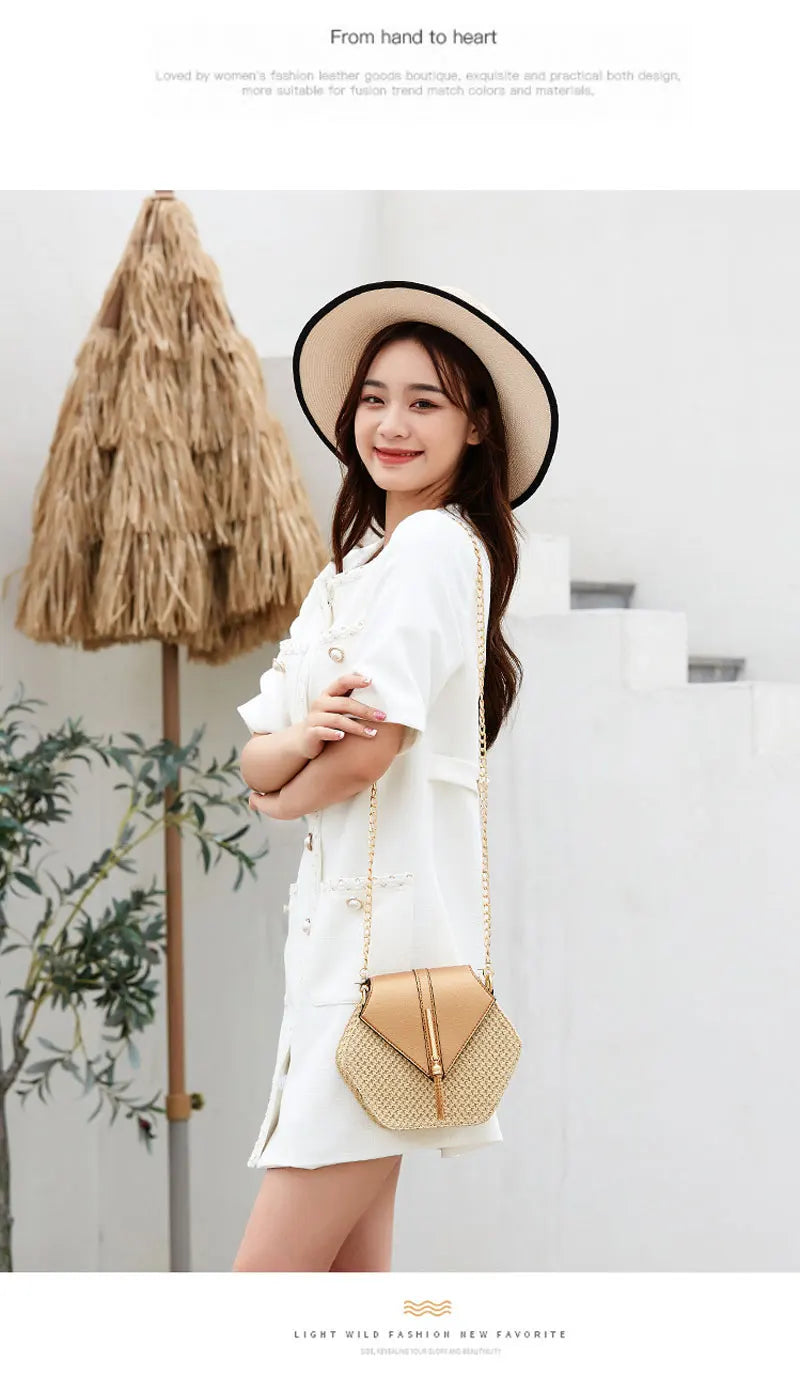 Hexagon Shape Straw PU Leather Handbag Women Summer Rattan Bag Handmade Woven Beach