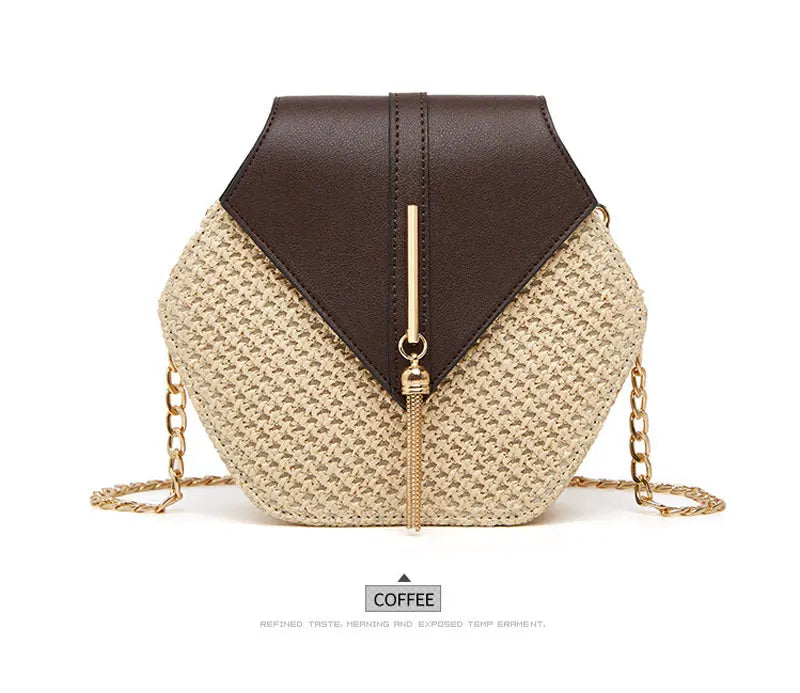 Hexagon Shape Straw PU Leather Handbag Women Summer Rattan Bag Handmade Woven Beach