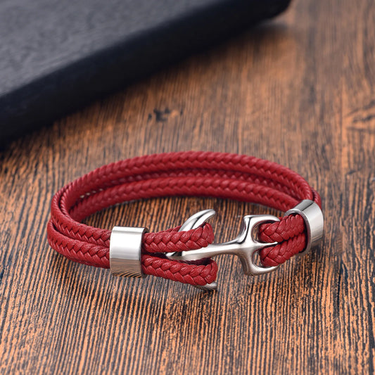 Stainless Steel Anchor Bracelet Red Woven Genuine Leather Rope Bracelet