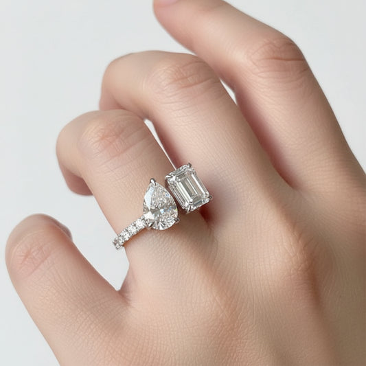 Celestia Duo™ Emerald & Pear Moissanite Open Ring