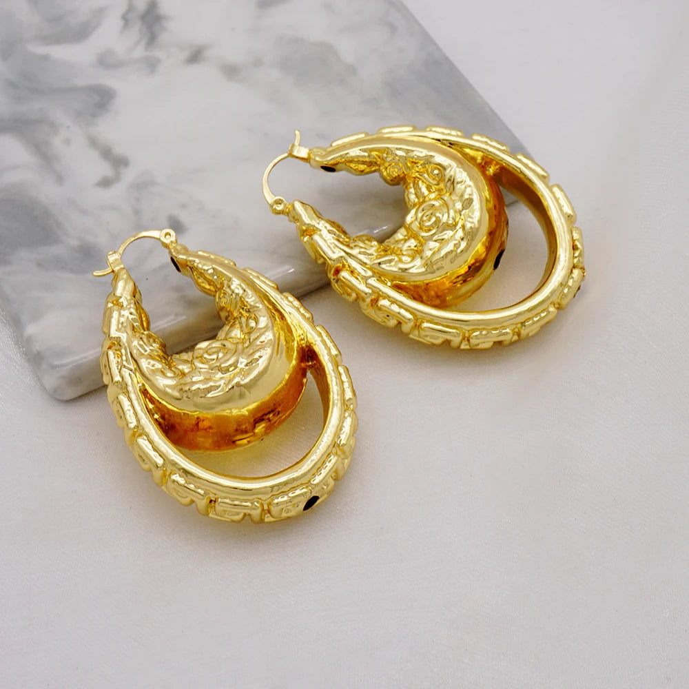 Gold Color Earring Bohemia Flower Round Drop Copper Hoop Earrings Circle