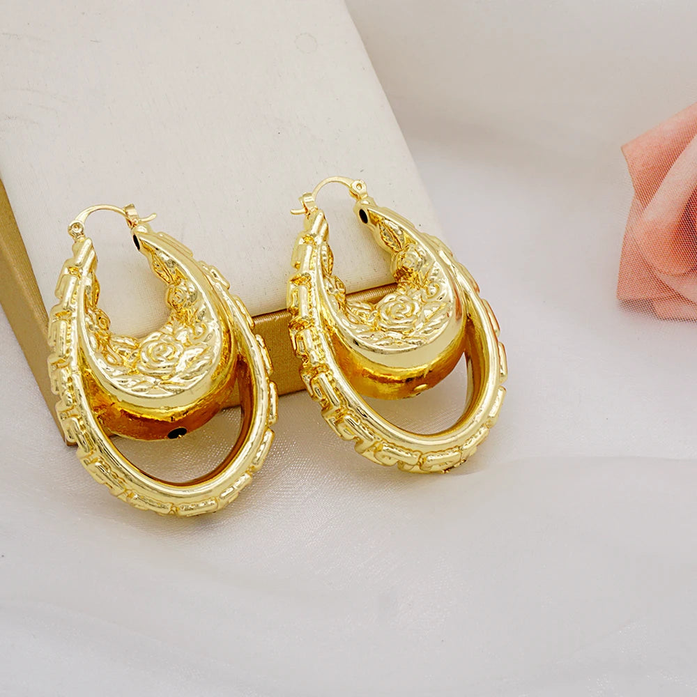 Gold Color Earring Bohemia Flower Round Drop Copper Hoop Earrings Circle