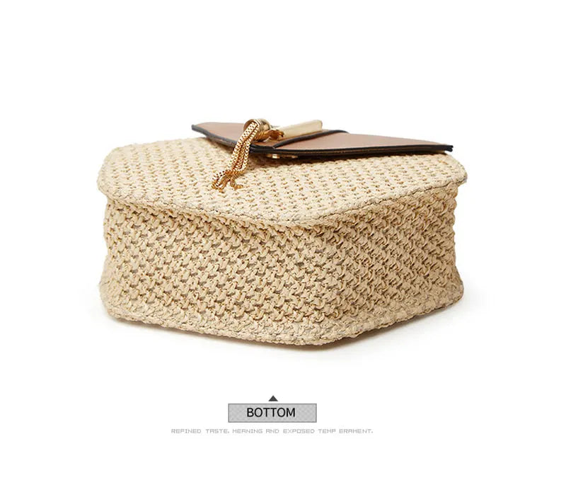 Hexagon Shape Straw PU Leather Handbag Women Summer Rattan Bag Handmade Woven Beach