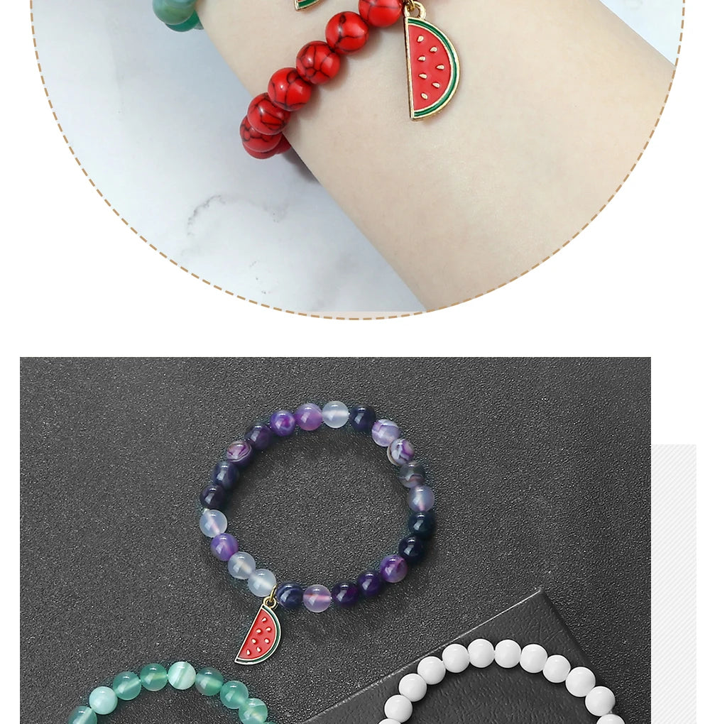 Natural Striped Agate Stone Bracelets 8mm Energy Healing Beads Bracelet with Watermelon Pendant Charm Jewelry Gift for Women Men