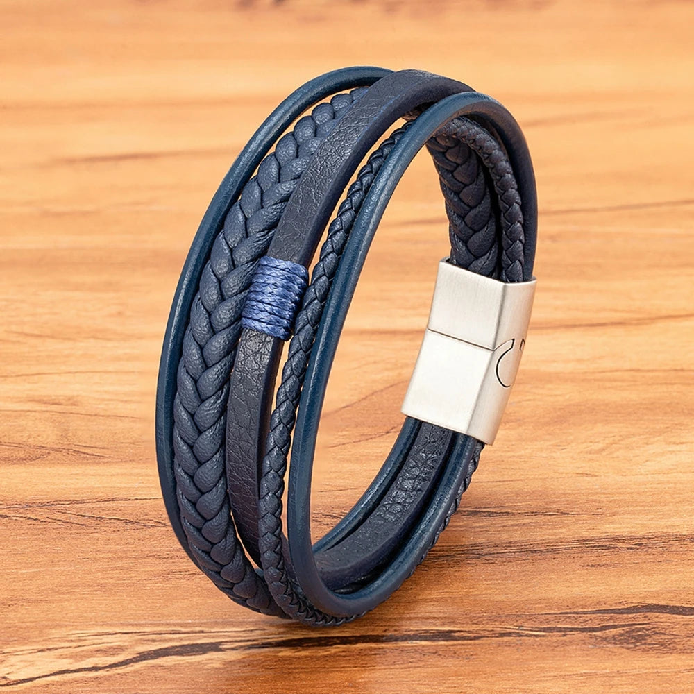 Leather Bracelet Multilayer Men's Bangles Stainless Steel Magnetic