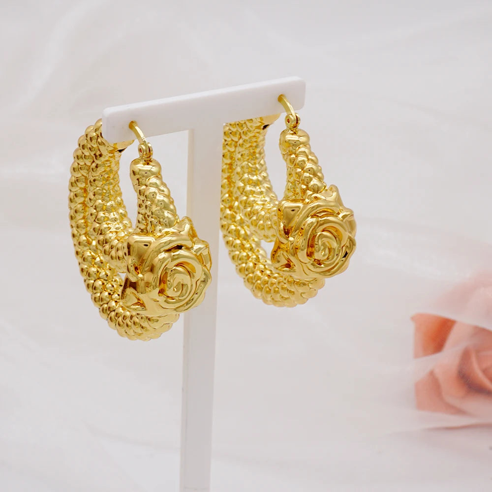 Gold Color Earring Bohemia Flower Round Drop Copper Hoop Earrings Circle