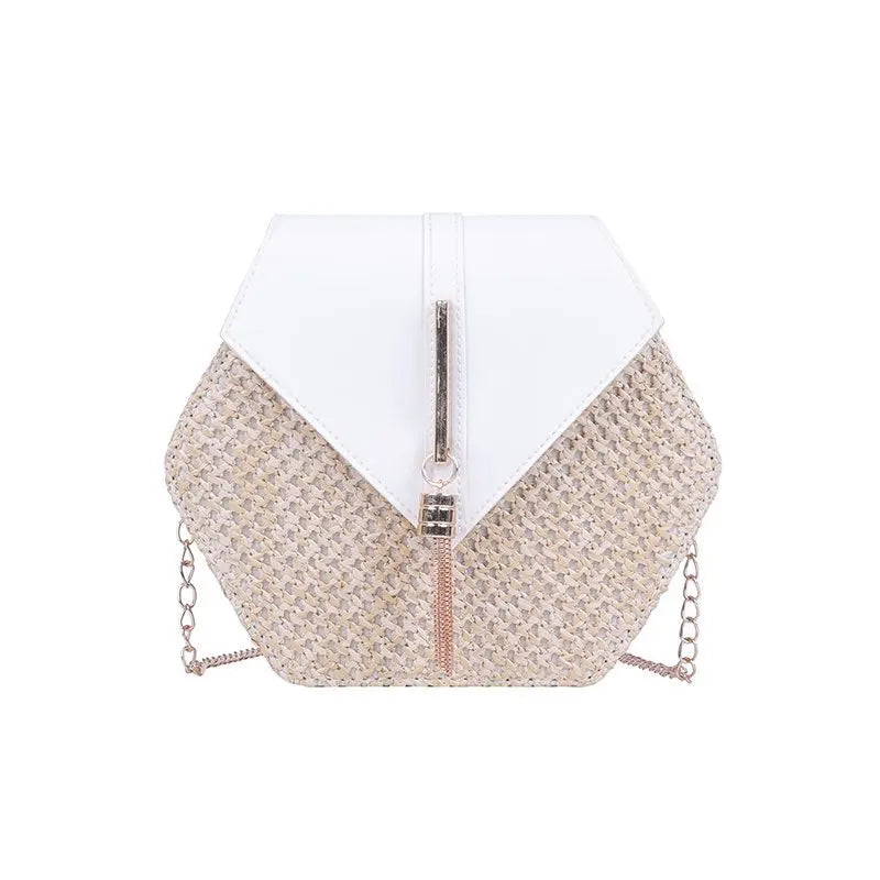 Hexagon Shape Straw PU Leather Handbag Women Summer Rattan Bag Handmade Woven Beach