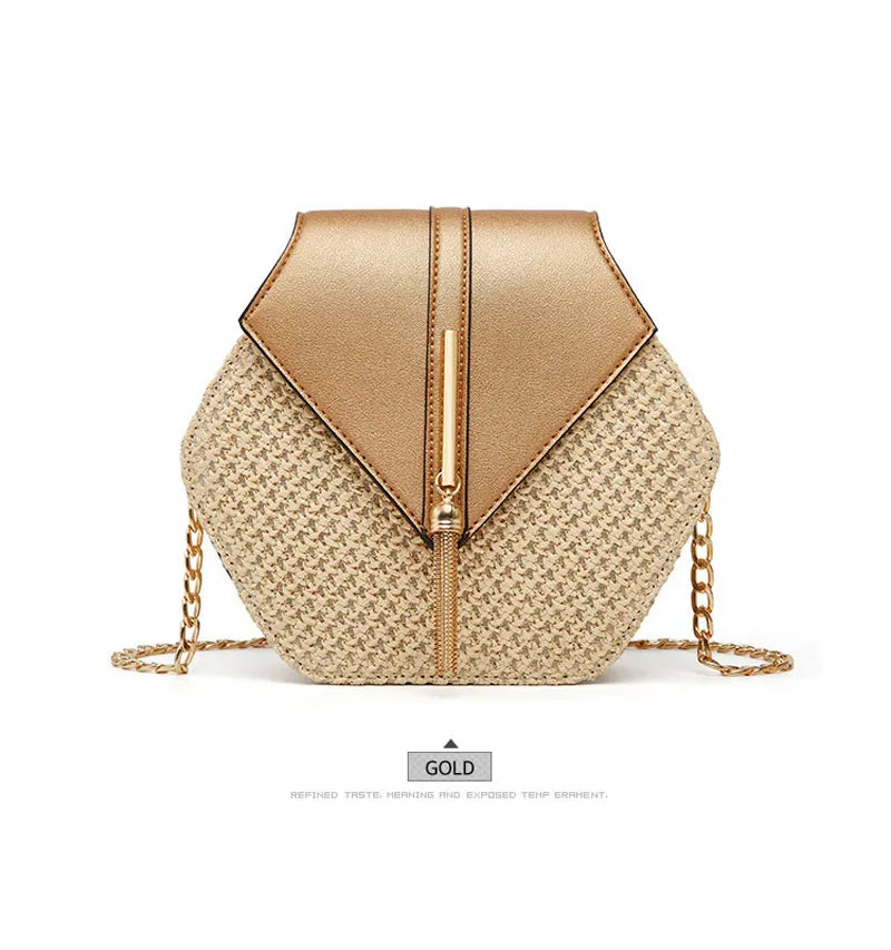 Hexagon Shape Straw PU Leather Handbag Women Summer Rattan Bag Handmade Woven Beach