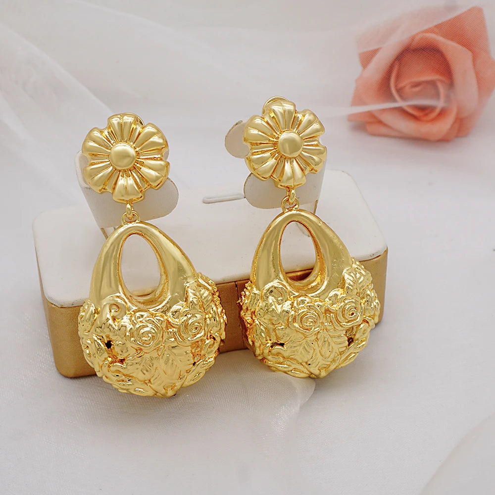 Gold Color Earring Bohemia Flower Round Drop Copper Hoop Earrings Circle