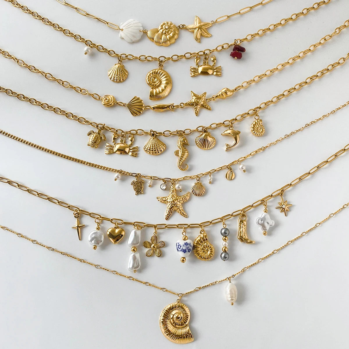 Zora Bohemian Style Multi-pendant Marine Element Shell Necklace 18K Gold-plated Stainless Steel Trend Jewelry