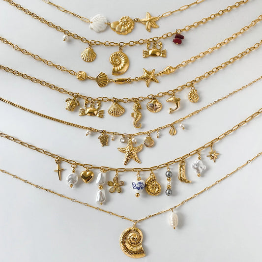 Zora Bohemian Style Multi-pendant Marine Element Shell Necklace 18K Gold-plated Stainless Steel Trend Jewelry