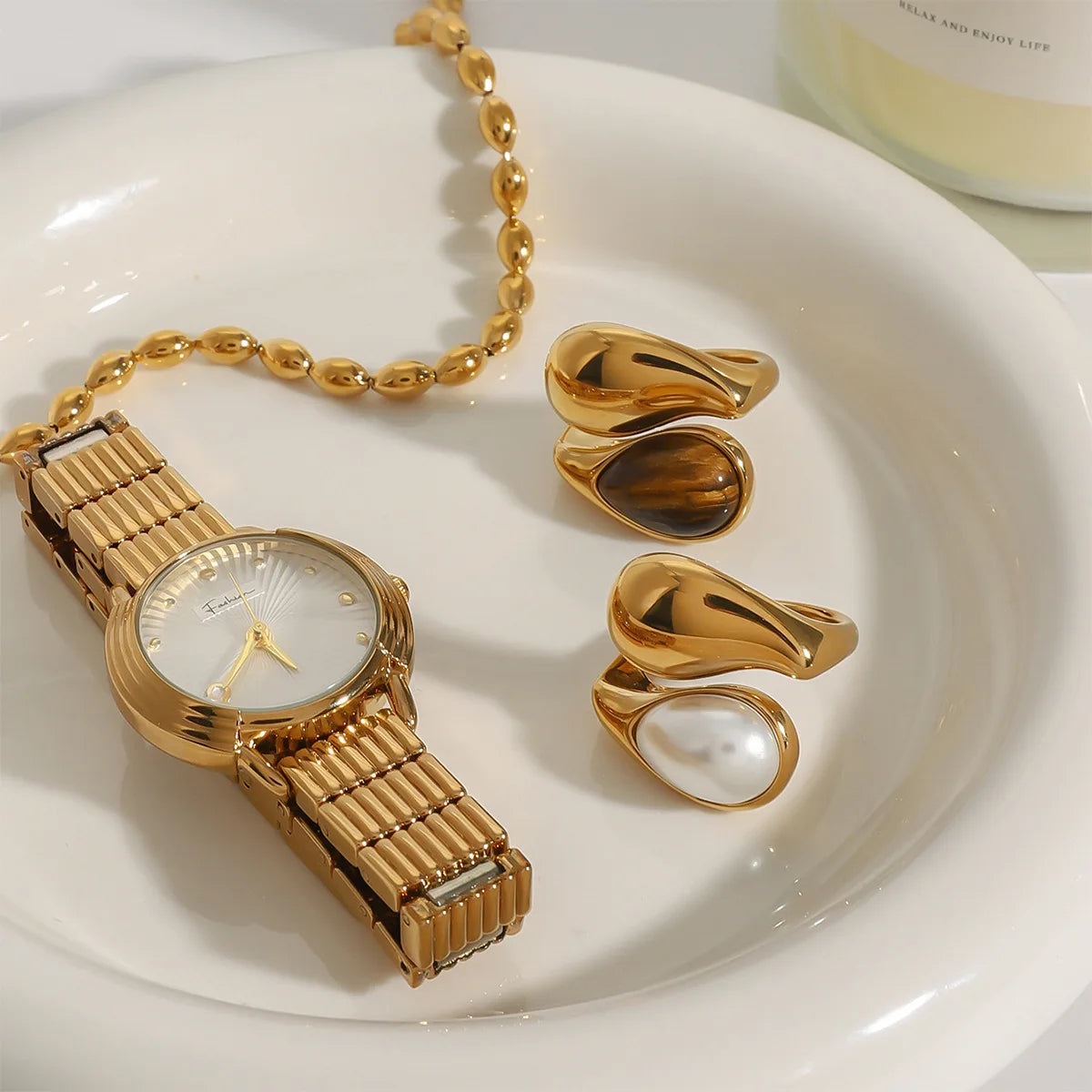 Pearl Natural Tiger Stone Finger Ring 18K Gold Color Plated