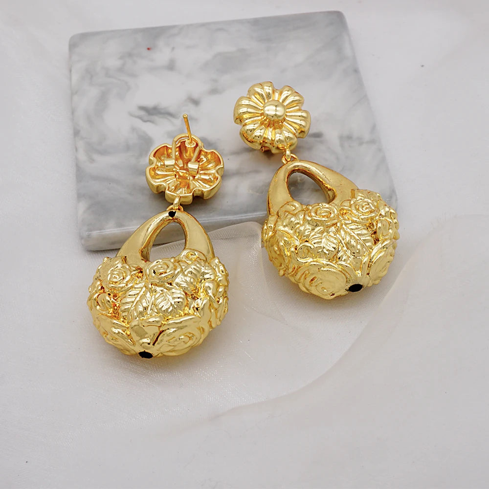 Gold Color Earring Bohemia Flower Round Drop Copper Hoop Earrings Circle
