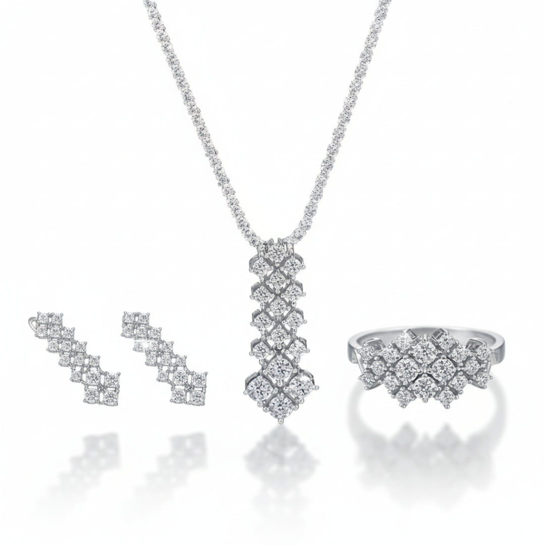 Luminous Harmony Moissanite 3-Piece Jewelry Set – 925 Silver Necklace, Ring &amp; Rhombus Earrings