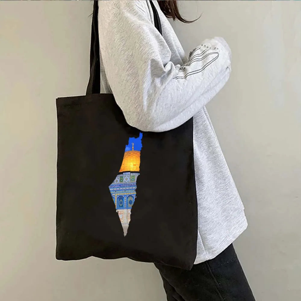 Arabic Keffiyeh Gifts Jerusalem Landmarks Map Men Women Canvas Shoulder Tote Bag Reusable Shopper Cute Shopping Storage Handbags