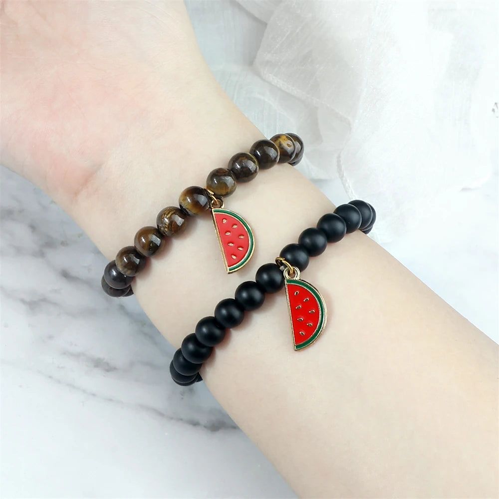 Natural Striped Agate Stone Bracelets 8mm Energy Healing Beads Bracelet with Watermelon Pendant Charm Jewelry Gift for Women Men