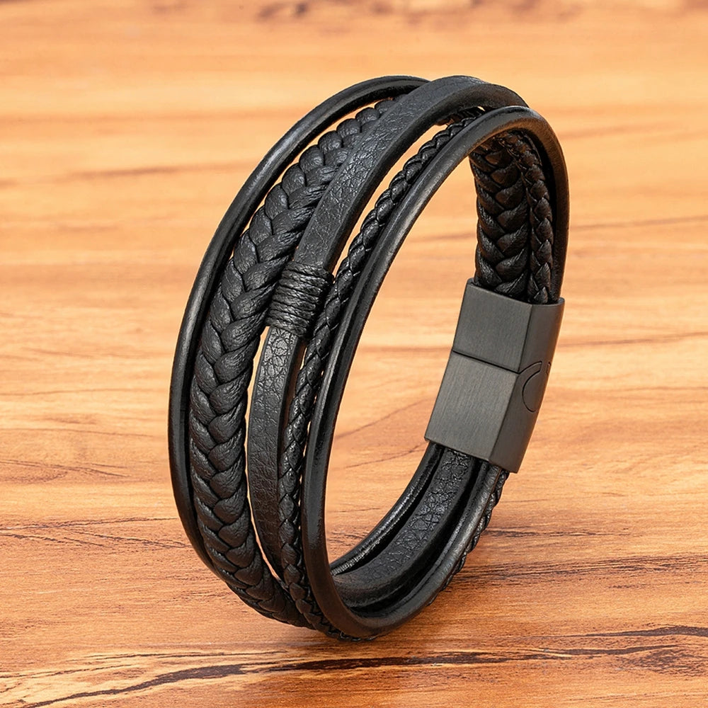 Leather Bracelet Multilayer Men's Bangles Stainless Steel Magnetic