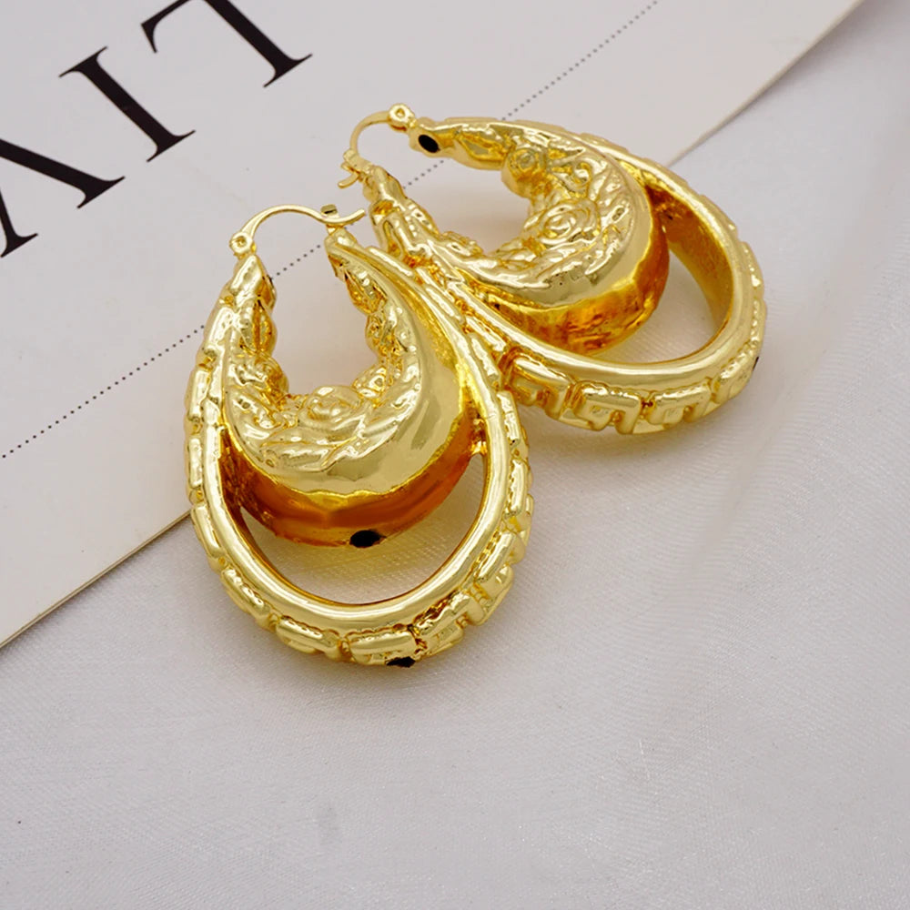 Gold Color Earring Bohemia Flower Round Drop Copper Hoop Earrings Circle