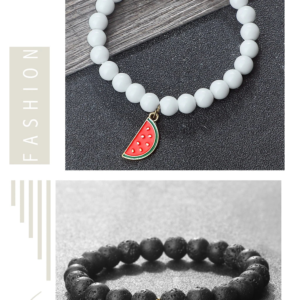 Natural Striped Agate Stone Bracelets 8mm Energy Healing Beads Bracelet with Watermelon Pendant Charm Jewelry Gift for Women Men