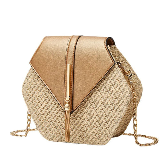 Hexagon Shape Straw PU Leather Handbag Women Summer Rattan Bag Handmade Woven Beach
