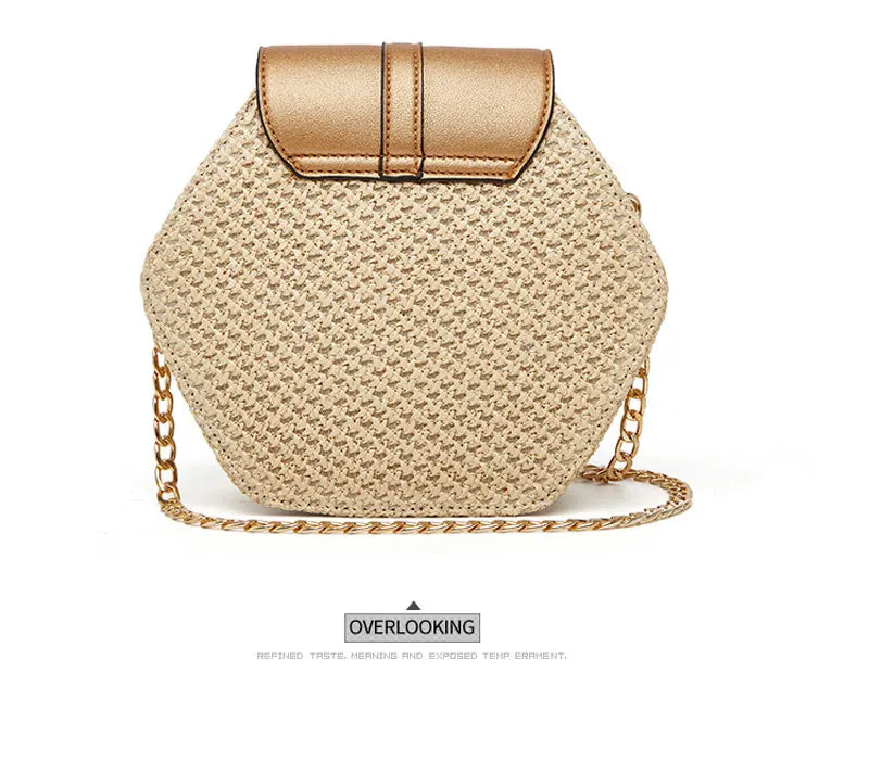 Hexagon Shape Straw PU Leather Handbag Women Summer Rattan Bag Handmade Woven Beach