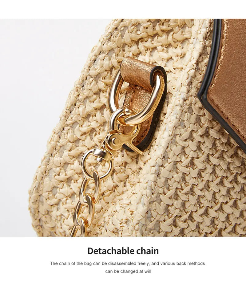 Hexagon Shape Straw PU Leather Handbag Women Summer Rattan Bag Handmade Woven Beach
