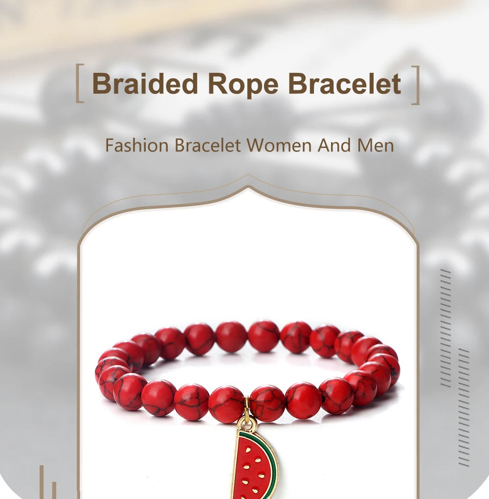 Natural Striped Agate Stone Bracelets 8mm Energy Healing Beads Bracelet with Watermelon Pendant Charm Jewelry Gift for Women Men