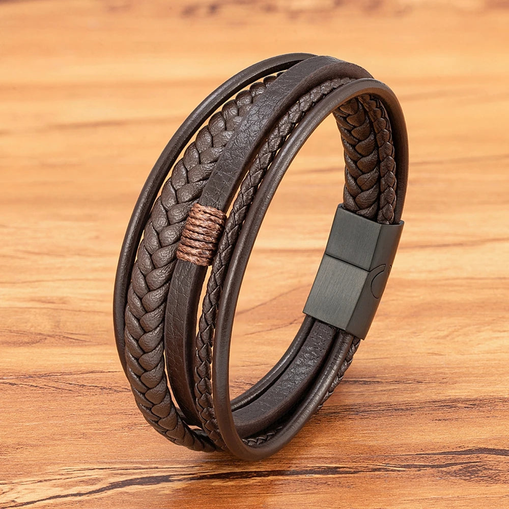 Leather Bracelet Multilayer Men's Bangles Stainless Steel Magnetic