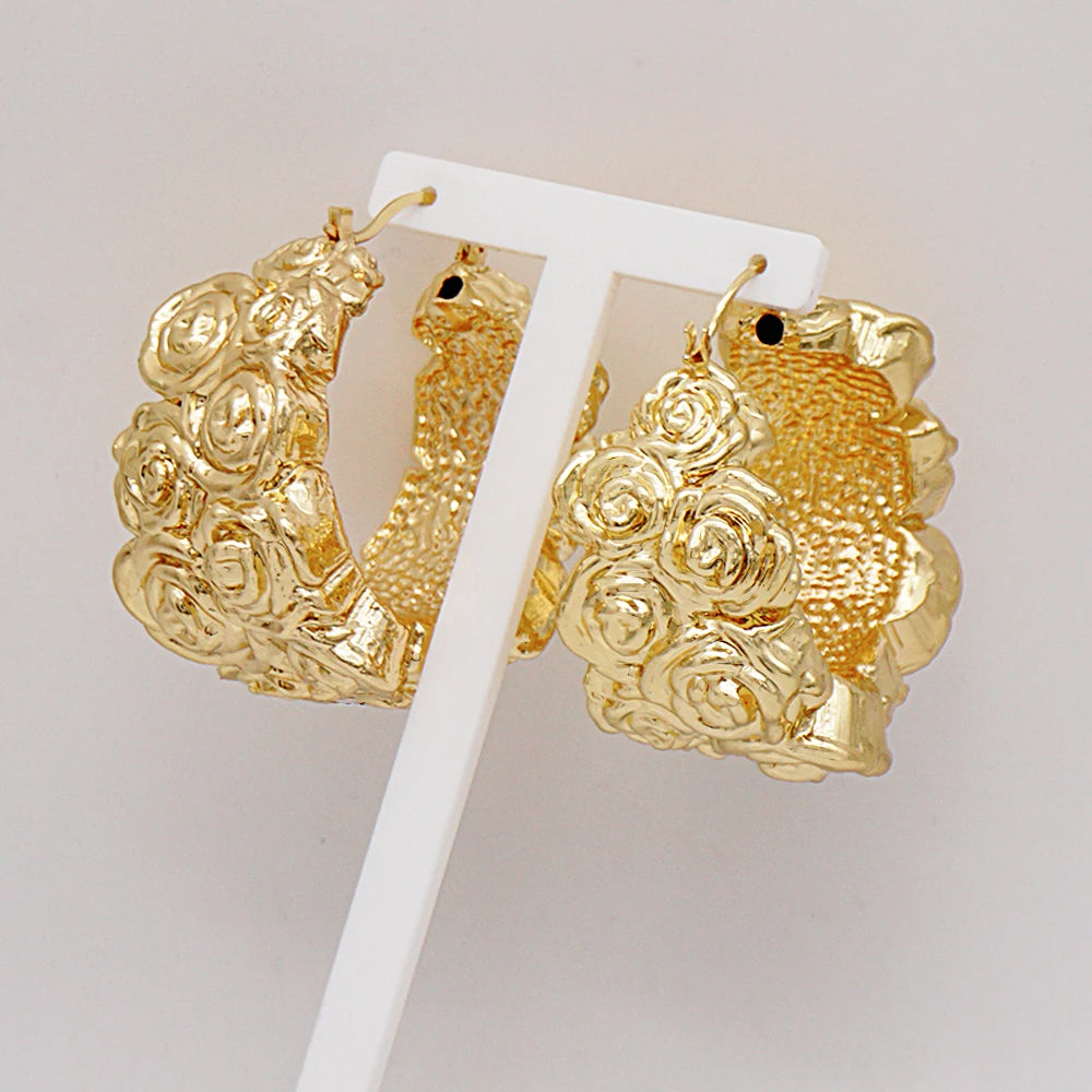 Gold Color Earring Bohemia Flower Round Drop Copper Hoop Earrings Circle