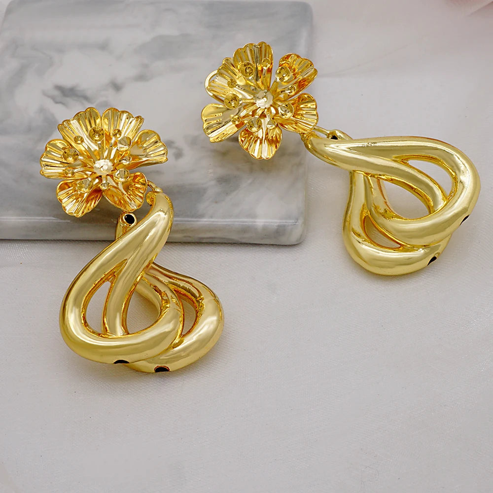 Gold Color Earring Bohemia Flower Round Drop Copper Hoop Earrings Circle